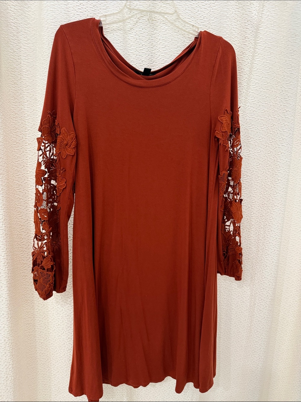 Long-Sleeve Rust Dress with Floral Lace Sleeves